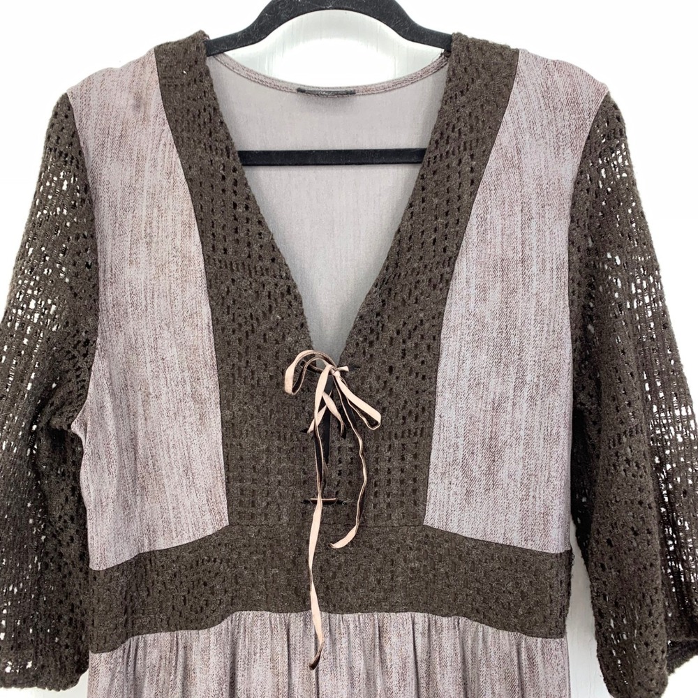 Venus Boho Mixed Media Lace Up Dress Brown Damask Crochet Sleeve Whimsigoth - Picture 3 of 9